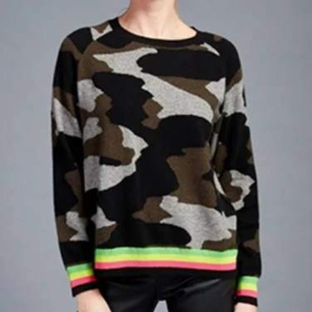 Brodie Fine Cashmere Camo Sweater Neon Stripe Trim Crew Neck XS Black Green